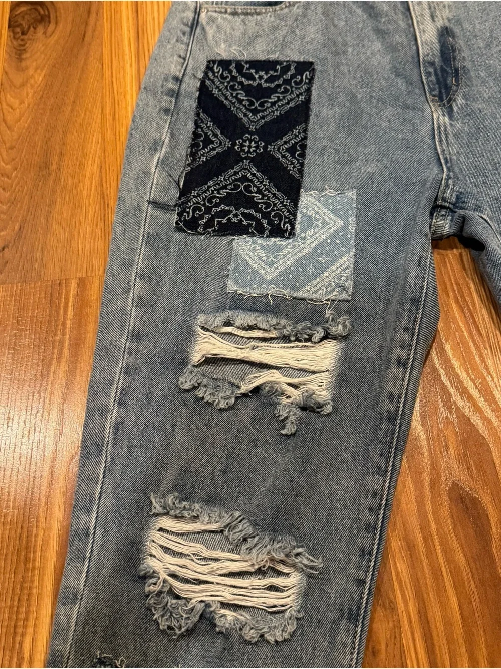 Simple Society Patchwork Distressed Women’s Jeans - Blue Denim, Size 13/31
